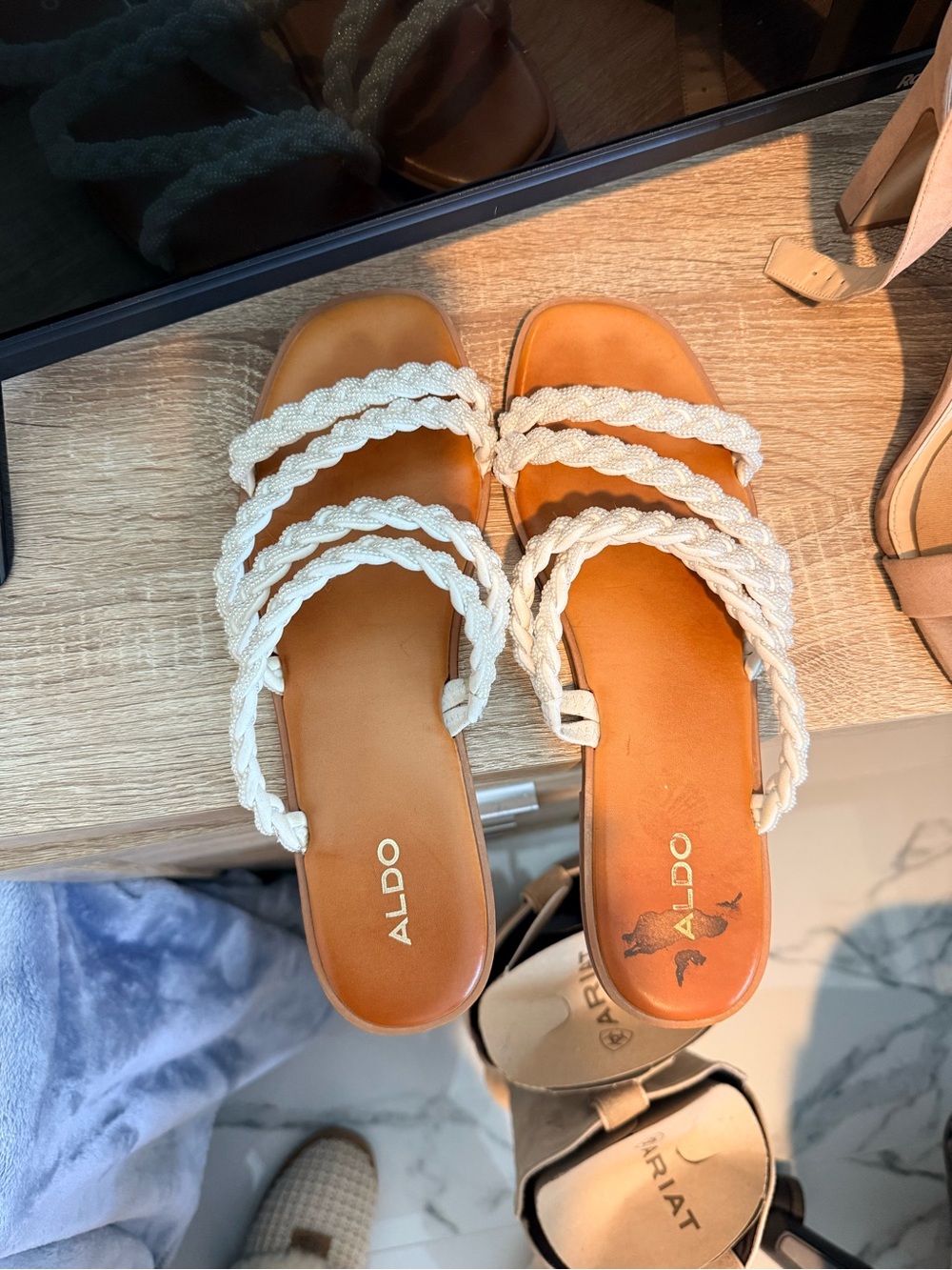 ALDO Braided Triple-Strap Slide Sandals in White and Tan